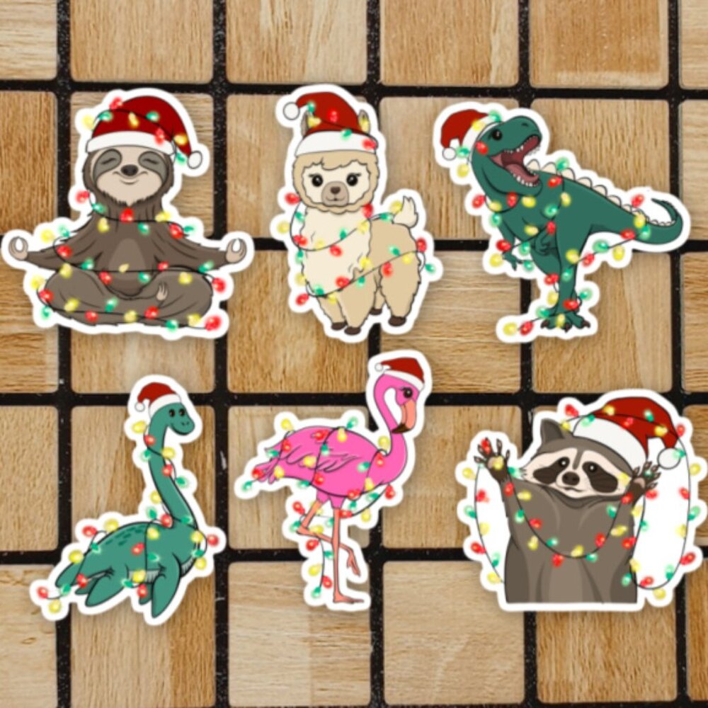 Christmas Animal Vinyl Sticker Pack of 6 Stickers - Holiday Die Cut Sticker Set